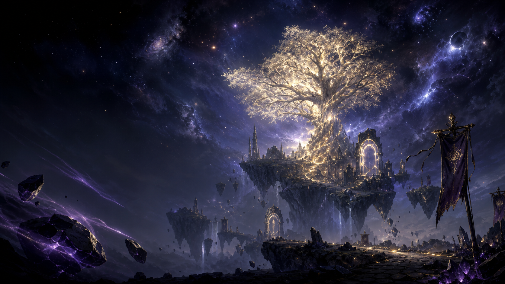 Arbol central de EndCosmos sobre islas flotantes y portales cosmicos